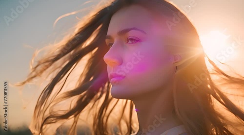 Girl hair flutters in wind, they believe in goodness, women dream of love. Portrait of girl, sun day, silhouette. Beautiful flowing female brown hair. Young woman looks at skym photo