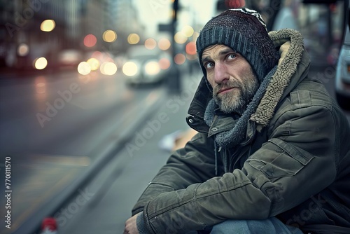 Homeless man on city street, symbol of inflation and rising housing costs