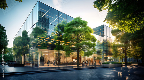 Exemplifying the ESG - Environmental, Social, Governance concept, a corporate glass building facade reflects green trees. Importance of integrating sustainability into business practice