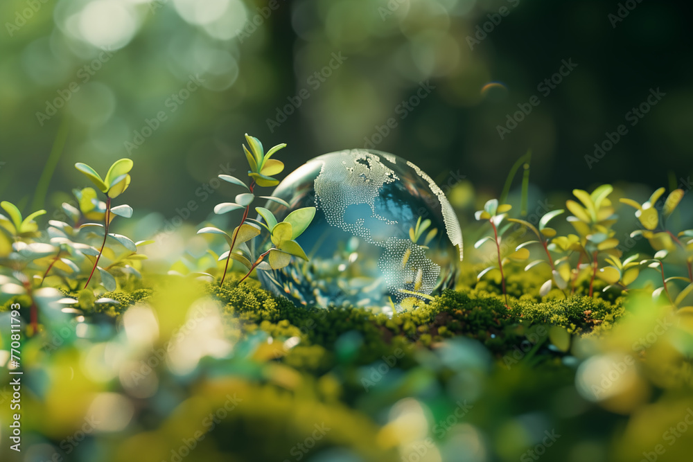 Transparent glass Earth globe on moss surrounded by green leaves. Earth Day wallpaper Transparent glass Earth globe on moss surrounded by green leaves. Earth Day wallpaper