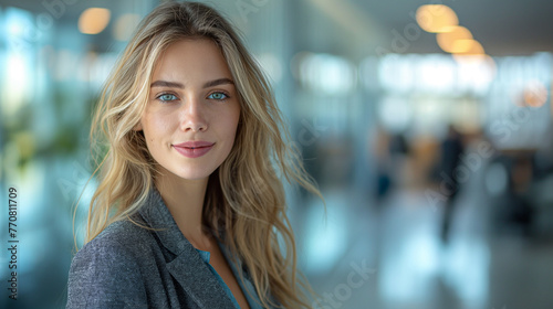 A portrait of a professional business woman on blur office background. Business manager concept. Close up. 