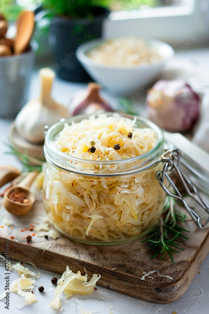 sauerkraut in a jar and spices. selective focus.