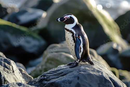 a black tailed penguin perched on rocks in the style  2baa7eeb-68e8-46c2-8285-28cac9cd48bc 1 photo