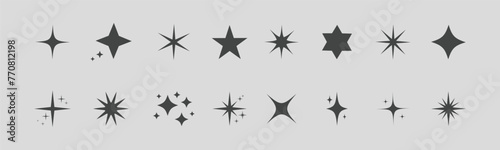 The vector contains symbols of yellow, gold, and orange sparkles. It includes a collection of glowing light effect stars and bursts, bright fireworks, decoration twinkle, and shiny flash. Set Vector