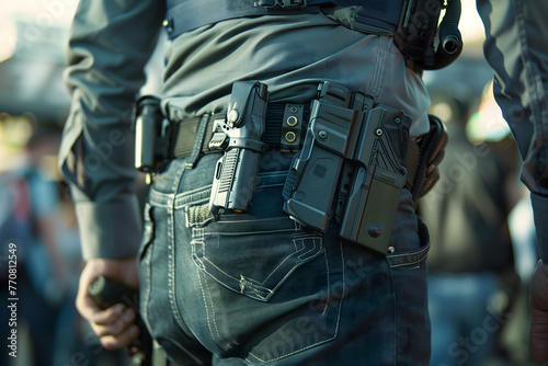 Close-up of police officer's duty belt with equipment