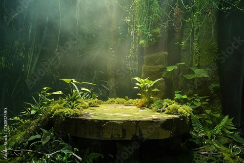 Lush green product display podium in a mystical forest setting with natural elements