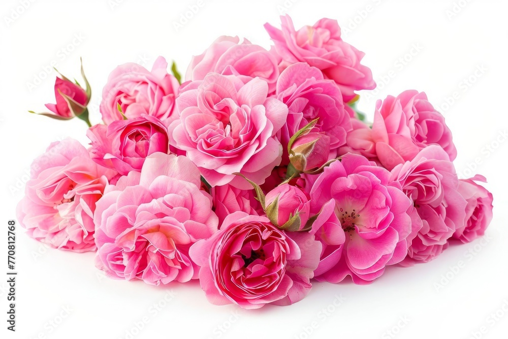 Lush set of vibrant pink roses in full bloom, isolated on white background