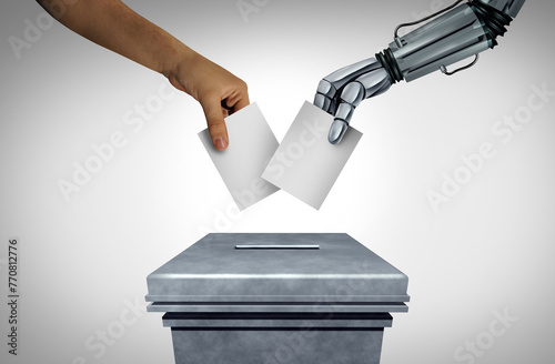Elections And Technology as voting digital security issues and vote integrity concerns as a human voter and an AI robot voting representing election trust challenges as an ethical dilemma. photo