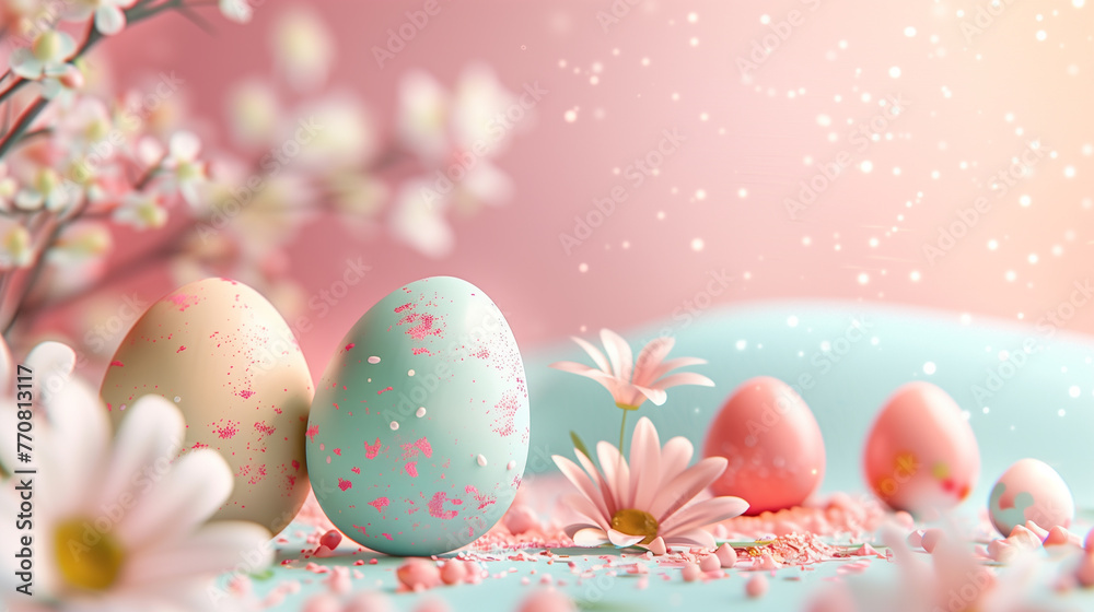 3D Easter composition with pastel-colored eggs and fresh spring daisies on a soft, speckled background.