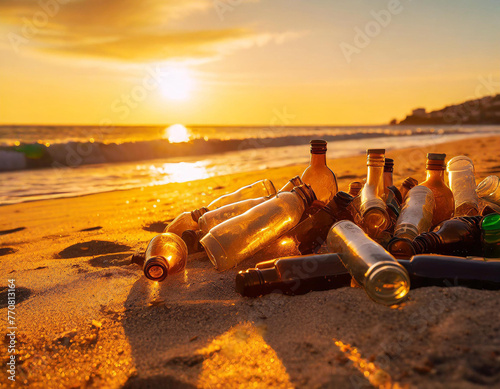 Tas de bouteilles abandonnées sur une plage au coucher de soleil