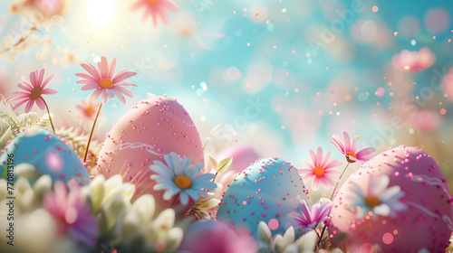 3D Easter composition with pastel-colored eggs and fresh spring daisies on a soft, speckled background.