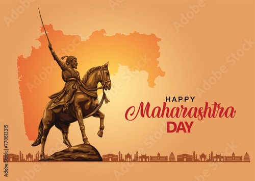 happy Maharashtra Day with Maharashtra map vector and Shivaji Maharaj. abstract vector illustration day © Arun