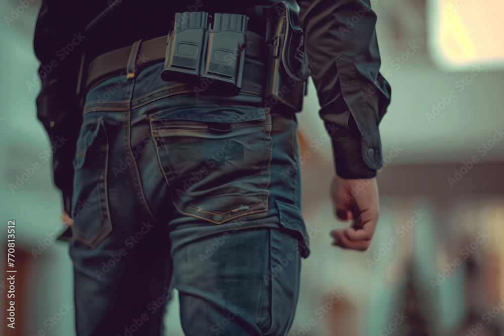 Close-up of a person's hip with a tactical equipment belt Close-up of a person's hip with a tactical equipment belt