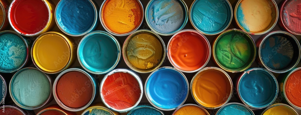 a large collection of paint cans in various colors are meticulously stacked to form rich in pattern and texture, spotlighting the arrangement of these can-shaped painting accessories. a large collection of paint cans in various colors are meticulously stacked to form rich in pattern and texture, spotlighting the arrangement of these can-shaped painting accessories.