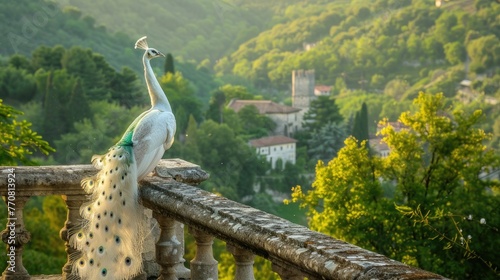 a white peacock perched gracefully on a stone fence, with a picturesque backdrop of lush forests and towering mountains, immersing viewers in the serene embrace of nature.