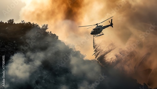 Firefighter helicopter extinguishes fire on hill