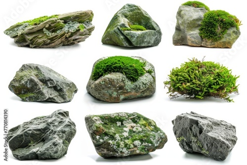 Set of natural moss-covered rocks and boulders isolated on white, nature and ecology concept photo