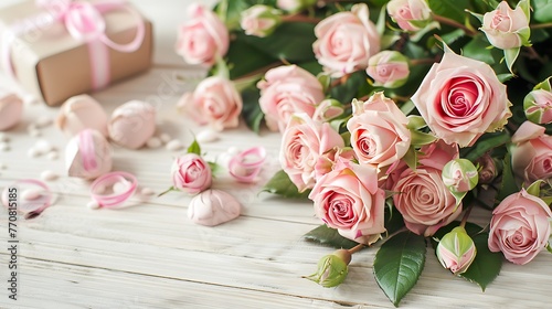Bouquet of pink roses and boxes with gifts on a light wooden background © Emma