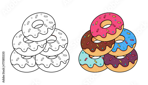 Vector Illustration of donut with lines and colors, for children's coloring book