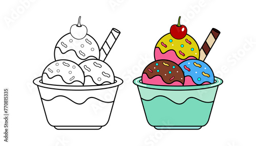 Vector illustration of ice cream in a bowl with lines and colors, for children's coloring books