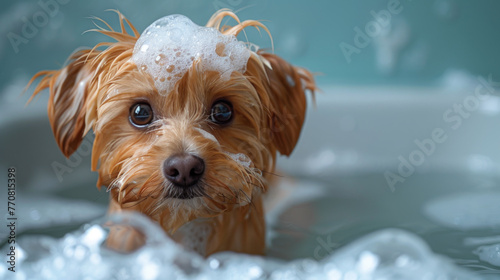 Close-up image of a small brown puppy bathing in sudsy water, surrounded by soap bubbles, conveying purity and cleanliness
