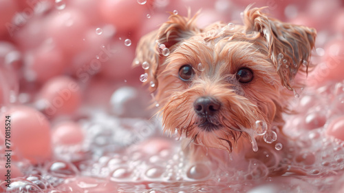 Little puppy peeks through accumulating pink bubbles, the image captures a delightful bath moment with a gentle vibe