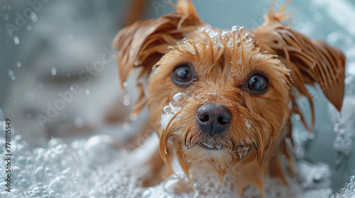 This image displays a close-up of a puppy's expressive eyes amongst clear bubbles, evoking an emotional, tender scene