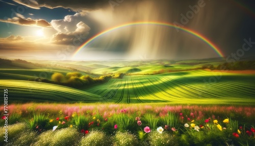 Serene Rainbow Over Spring Fields