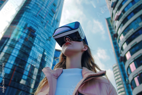 Young woman wearing VR on urban modern city, Generative Ai