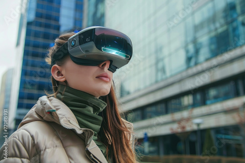 Young woman wearing VR on urban modern city, Generative Ai