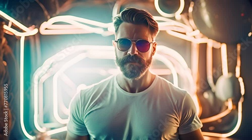 Neon light studio close-up portrait of serious man model with mustaches and beard in sunglasses and white t-shirt photo