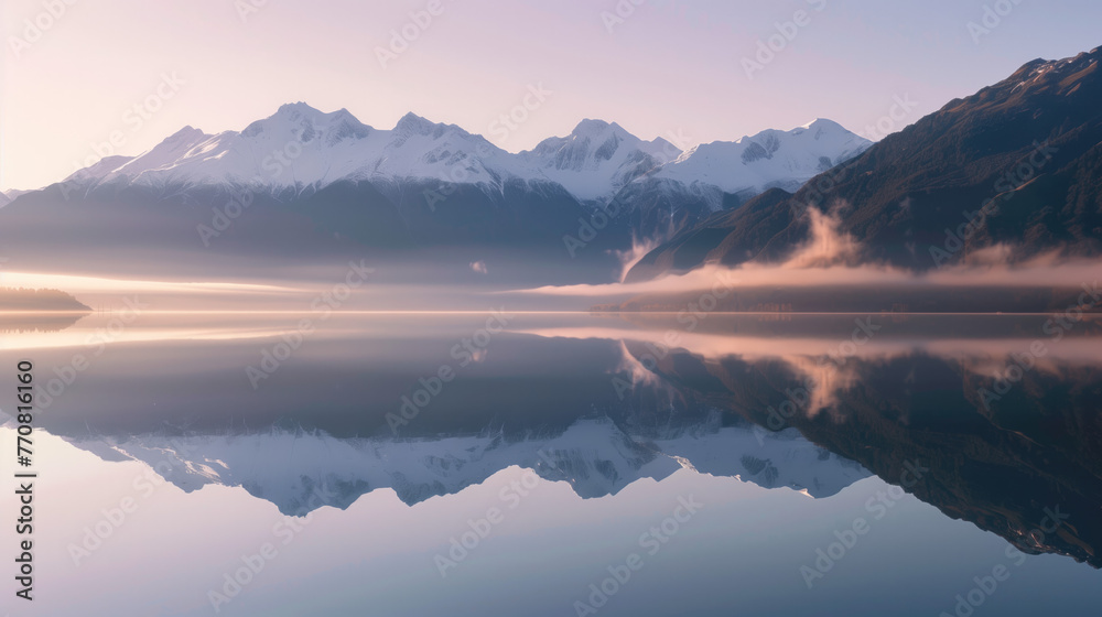 Tranquil Dawn Reflections in Mountain Lake - As dawn breaks, the first rays of light touch the mountain peaks, reflected perfectly in the still waters of a serene mountain lake enveloped in mist.