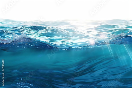 Mesmerizing underwater scene with shimmering blue ocean waves and light rays, isolated on white, digital art