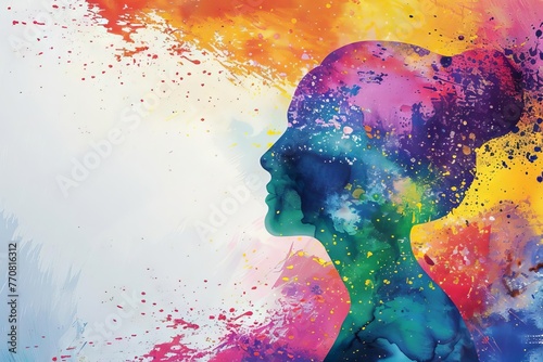 Mental health and mindfulness concept, colorful illustration of happy woman's head with paint splatter effect