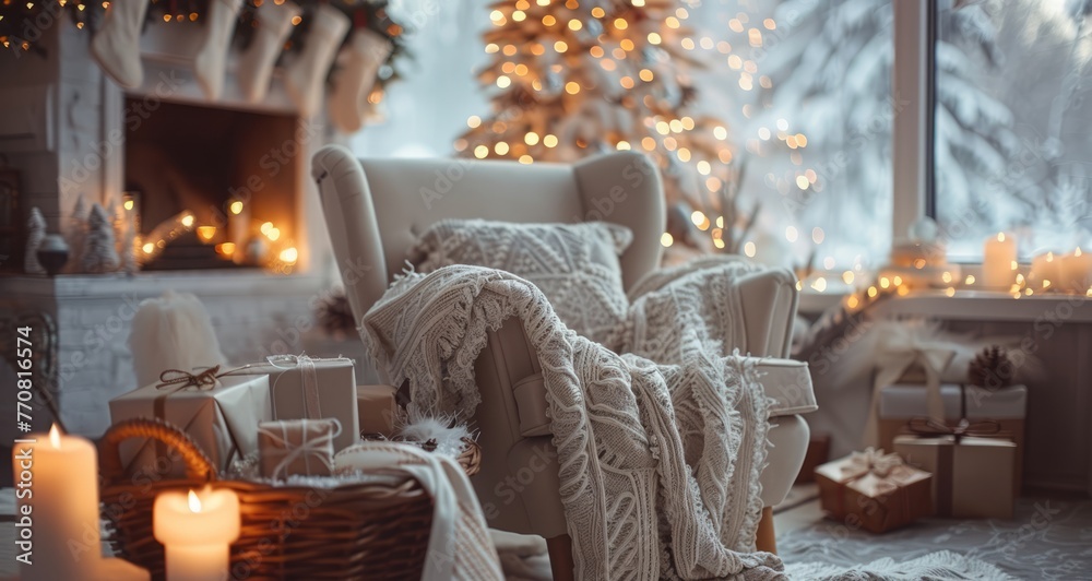A cozy living room with soft white furniture, surrounded by warm lighting and Christmas decorations A cozy living room with soft white furniture, surrounded by warm lighting and Christmas decorations