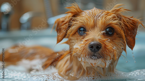 An adorable wet puppy with water droplets on its face during bath time, looking directly at the camera