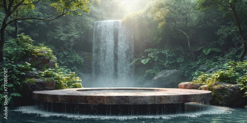 podium floor in outdoors waterfall green leaf tropical forest nature background. natural healthy product present placement pedestal counter stand display, jungle concept.