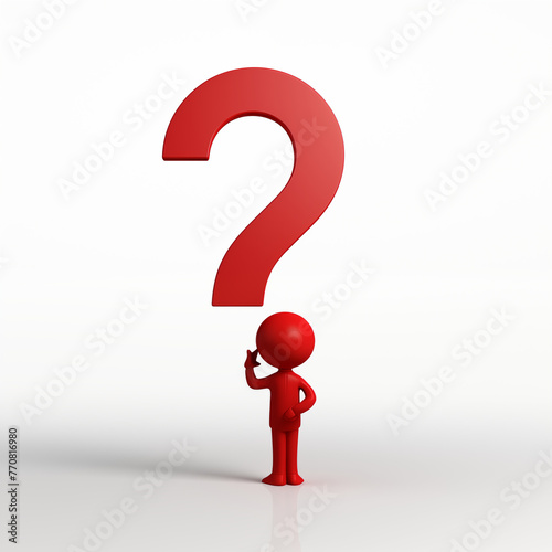 A simple 3D character stands in a thoughtful pose next to a big red question mark, on a white background. Questions, doubts, tasks, hesitations