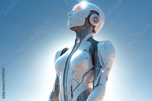 Future robotic machine technology. Closeup female robot iron body stylish design. Fantastic costume for game character on blue sky background. Copy space