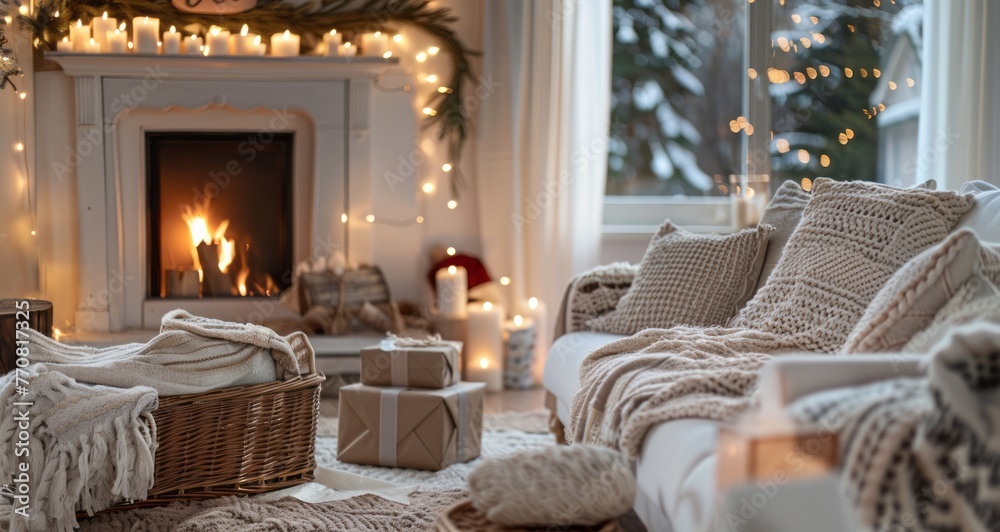 A cozy living room with white furniture, soft lighting from candles and warm blankets on the sofa