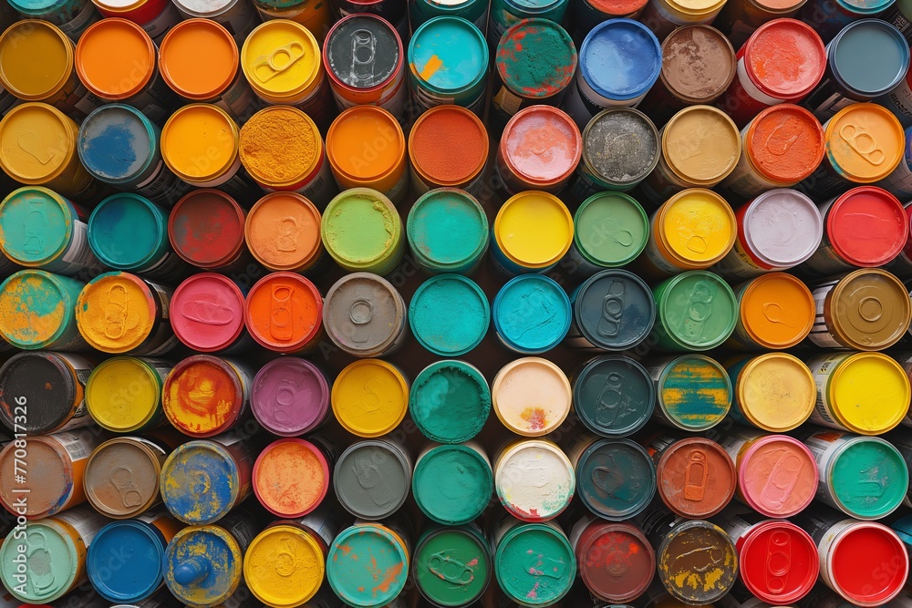 Array of colorful paint cans viewed from above in an art supply store Array of colorful paint cans viewed from above in an art supply store