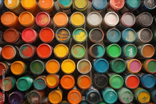 Array of colorful paint cans viewed from above in an art supply store