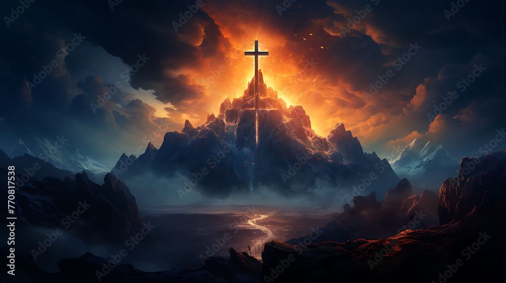 northen lights, dark orange, ultramarine bleu, with big mountains infront and black trees in the front, realistic, jesus cross on the mountain in light, trending on artstation, sharp focus - obrazy, fototapety, plakaty 