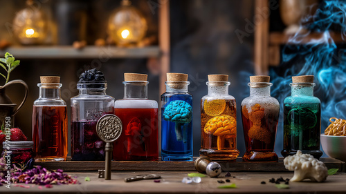 An assortment of colorful potion bottles emits smoke on a mystical alchemist's table with ambient lighting. photo