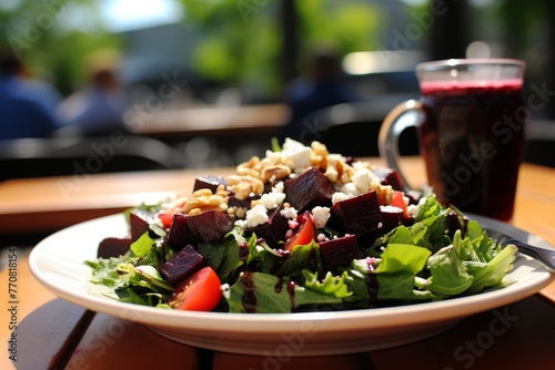 Roasted beet salad with goat cheese, walnuts, balsamic vinaigrette a refreshing summer dish photo