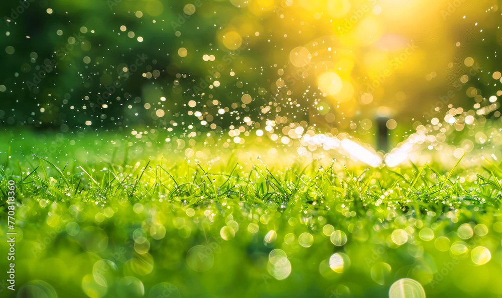 Sprinkler watering lush green grass with sparkling water droplets in sunlit garden