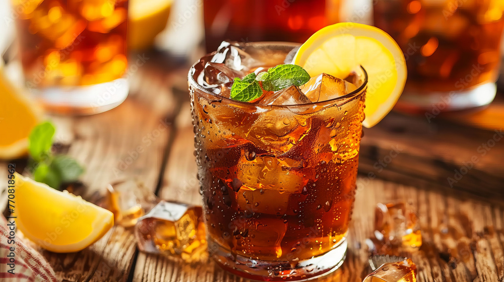 Iced tea with lemon and mint in a glass against a rustic background with warm tones Iced tea with lemon and mint in a glass against a rustic background with warm tones