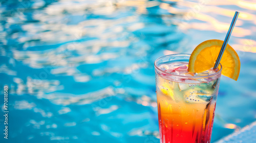 Tropical cocktail with orange slice by the poolside, capturing the essence of summer relaxation