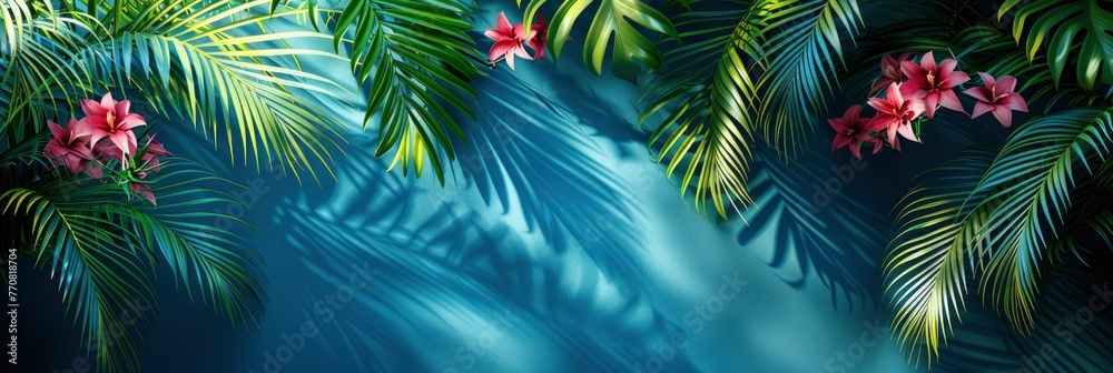 Palm Leaf Shadow Drop On Blue, Background HD, Illustrations