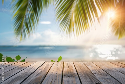 Wood Background Summer. Top View of Wooden Table with Seascape and Palm Leaves in Tropical Beach Setting